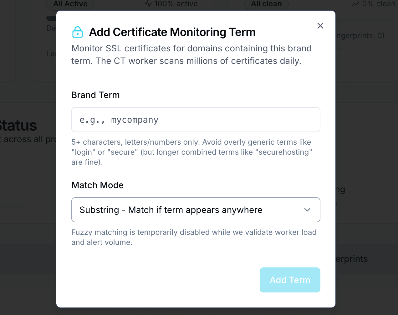 Certificate Monitoring showing term configuration with match mode selection