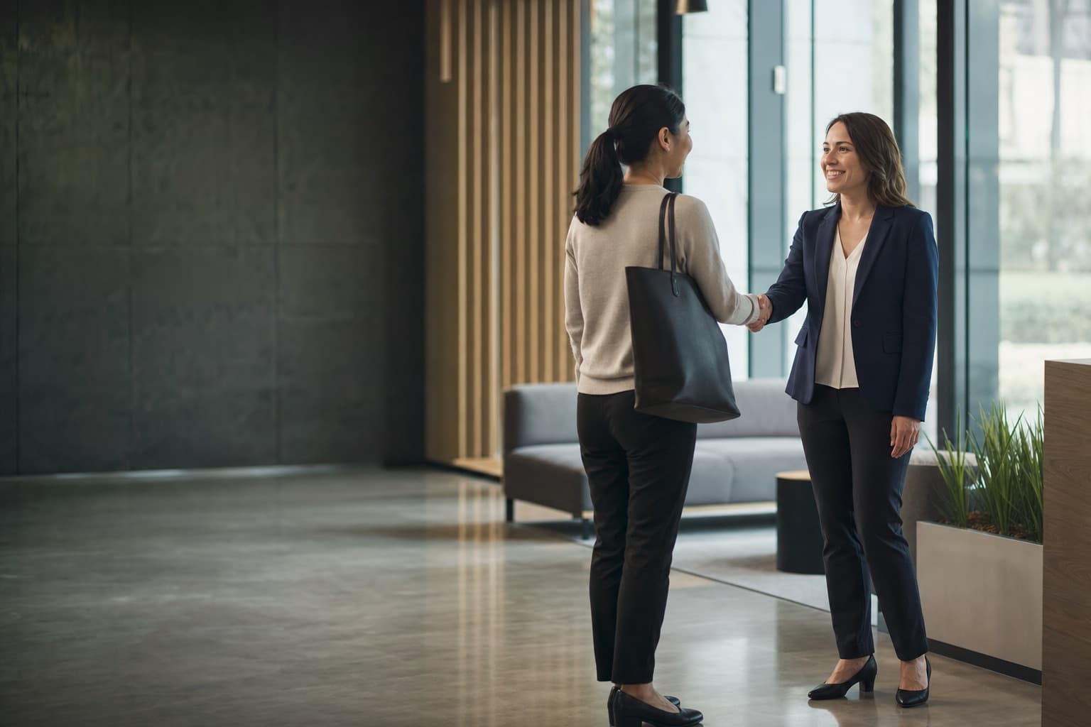 A consultant shaking hands with an arriving client in the reception of a modern professional services office
