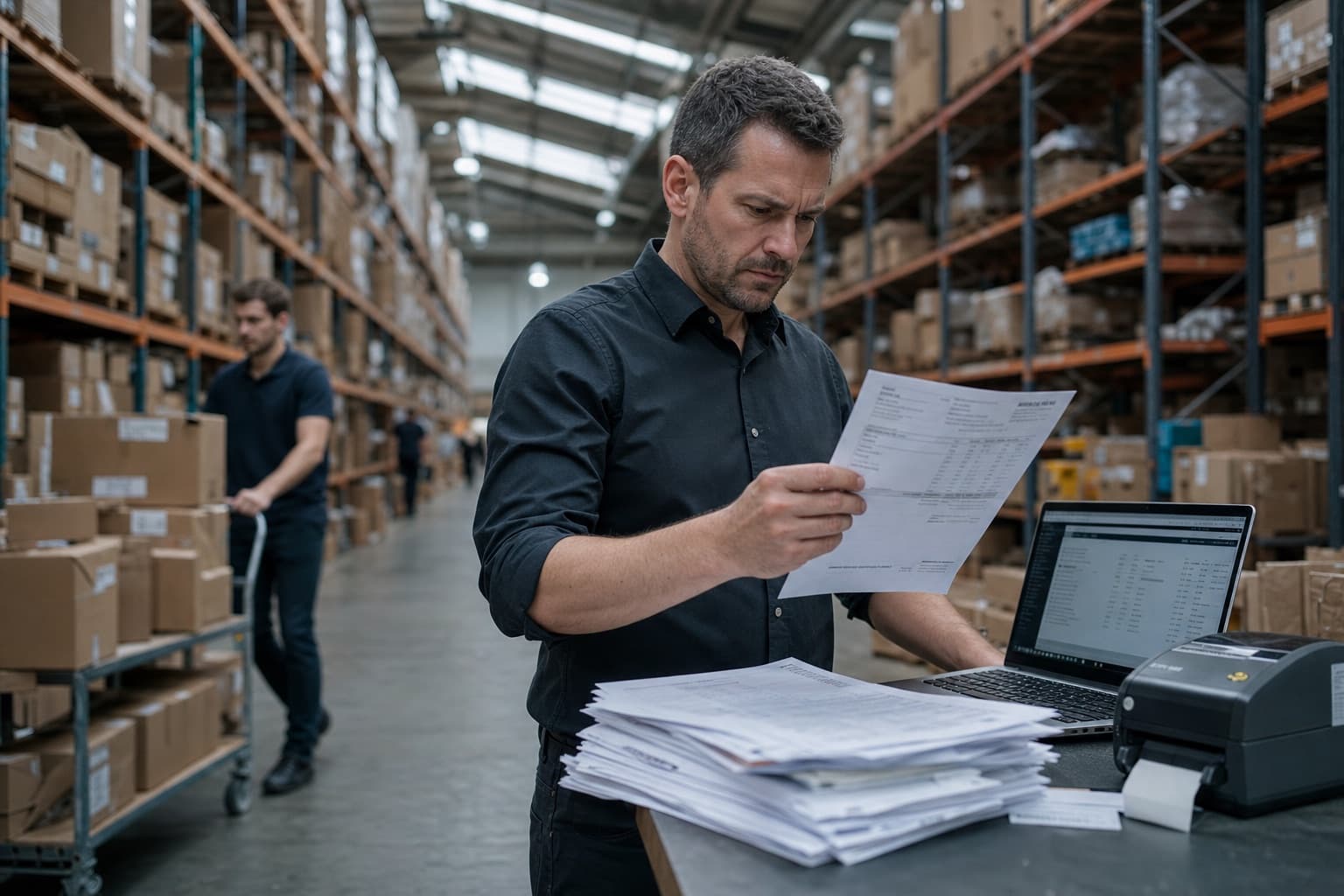 Manager in an e-commerce warehouse dispatch office reviewing a printed supplier invoice against records on a laptop