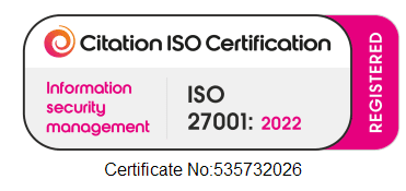 Citation ISO Certification registered mark: ISO 27001:2022 Information security management, certificate number 535732026