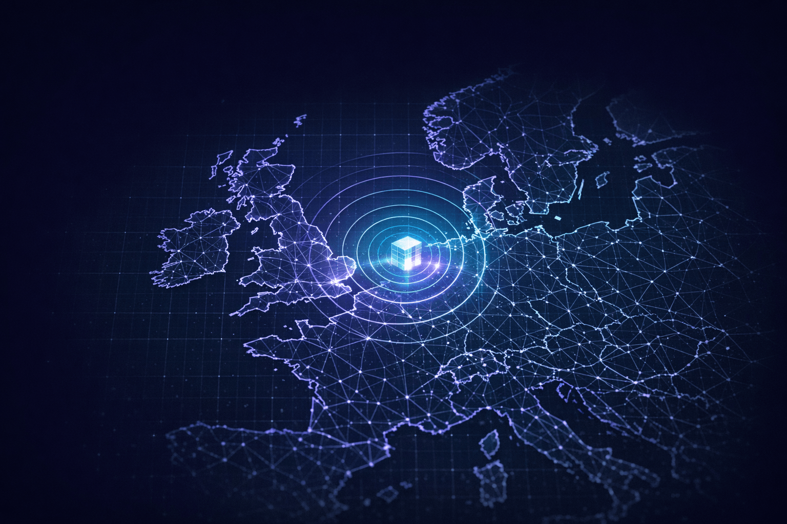 Stylised map of the UK and Europe with a secure data centre node over London